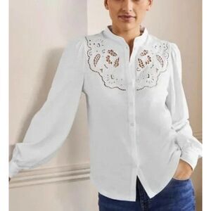 Boden Womens Top Shirt Blouse UK 16P US 12P White Cut Work Cotton T0927 NWT